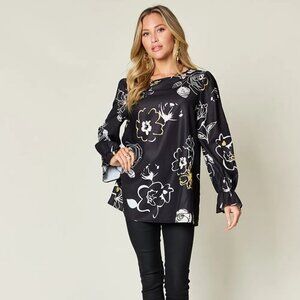Double Take Full Size Printed Flounce Sleeve Blouse